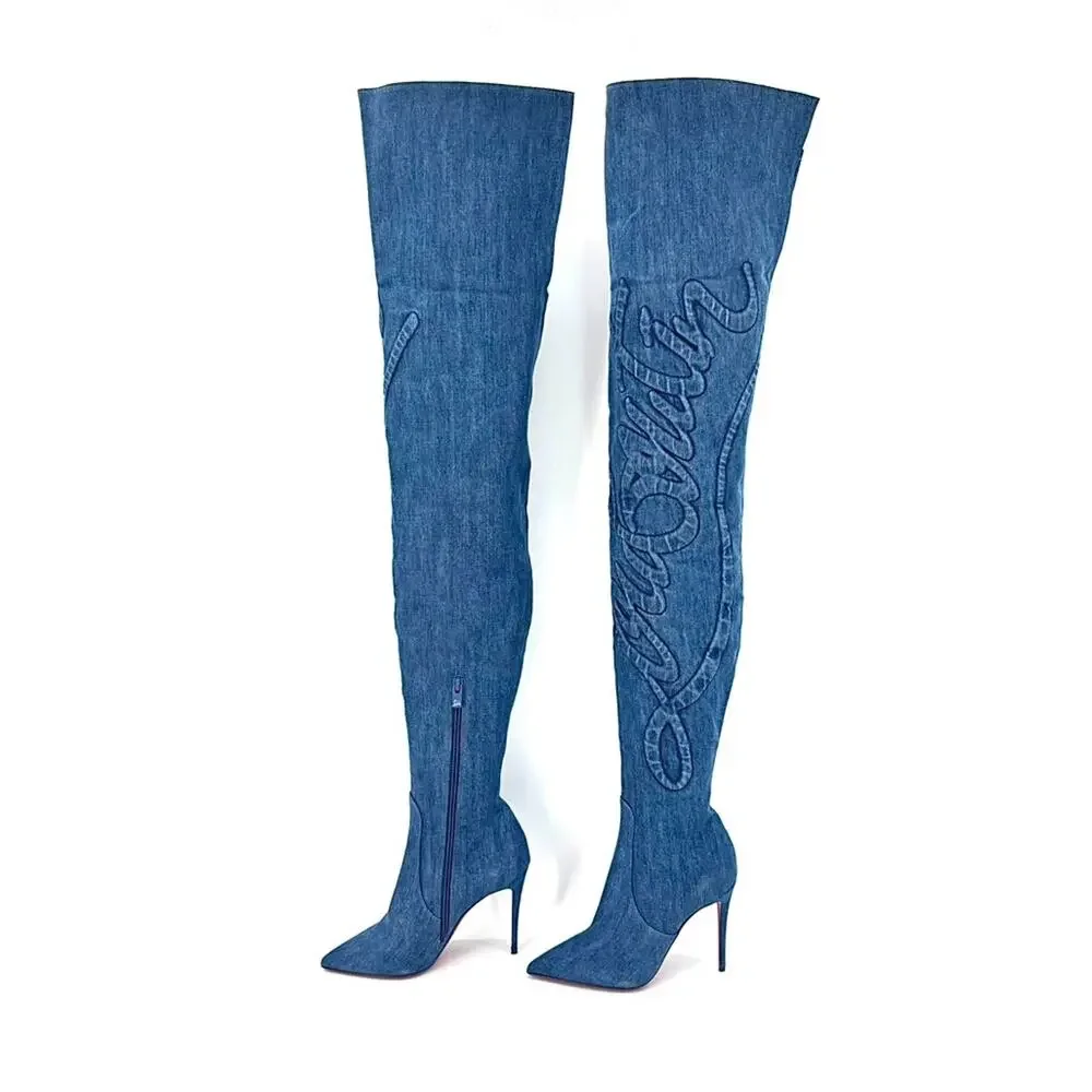 Christian Louboutin Kate Botta Alta 100 Loubi Jeans Thigh High Boots 36.5